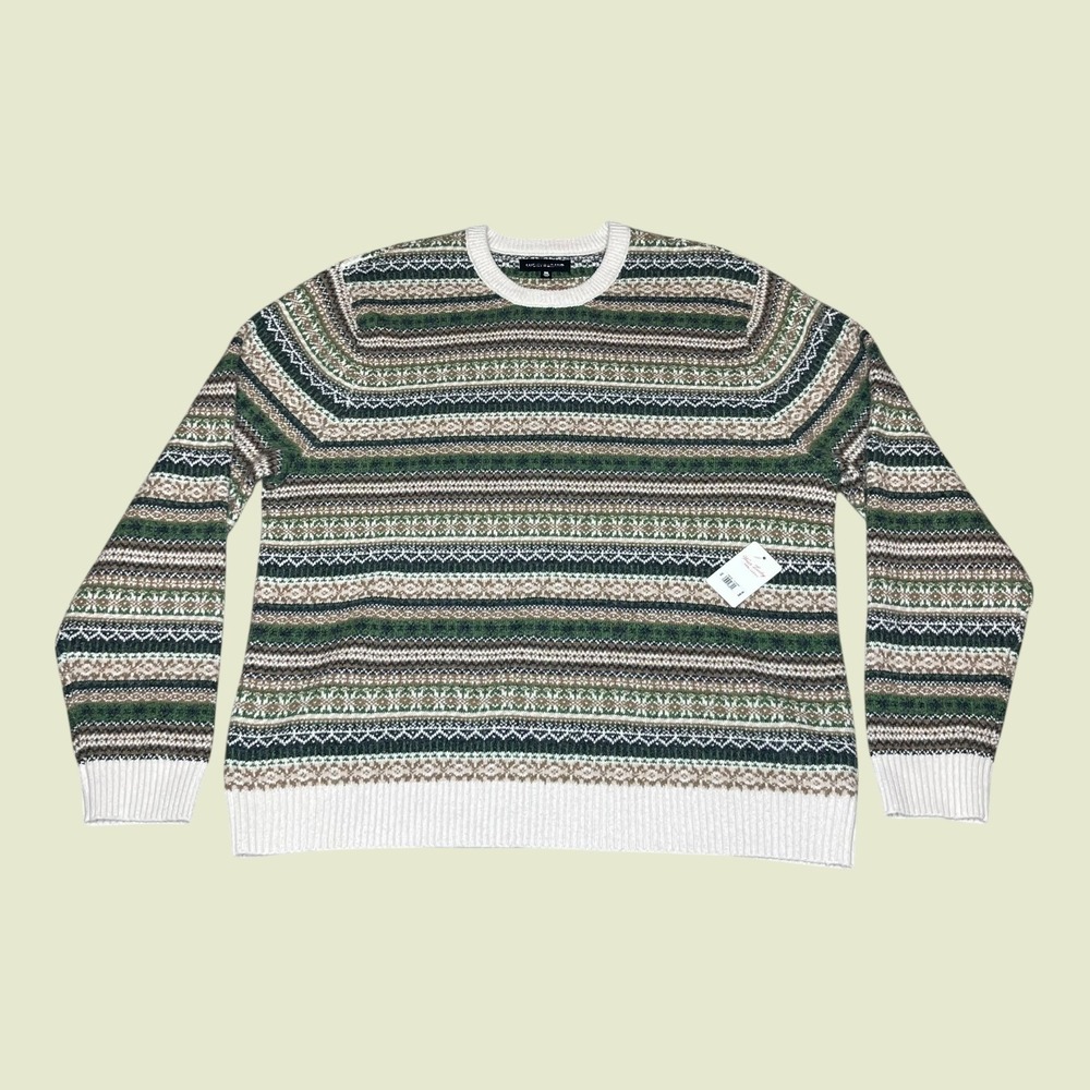 NEW Lucky Brand Mens Fair Isle Crewneck Sweater Green Brown Striped Springs XXL - Picture 2 of 11
